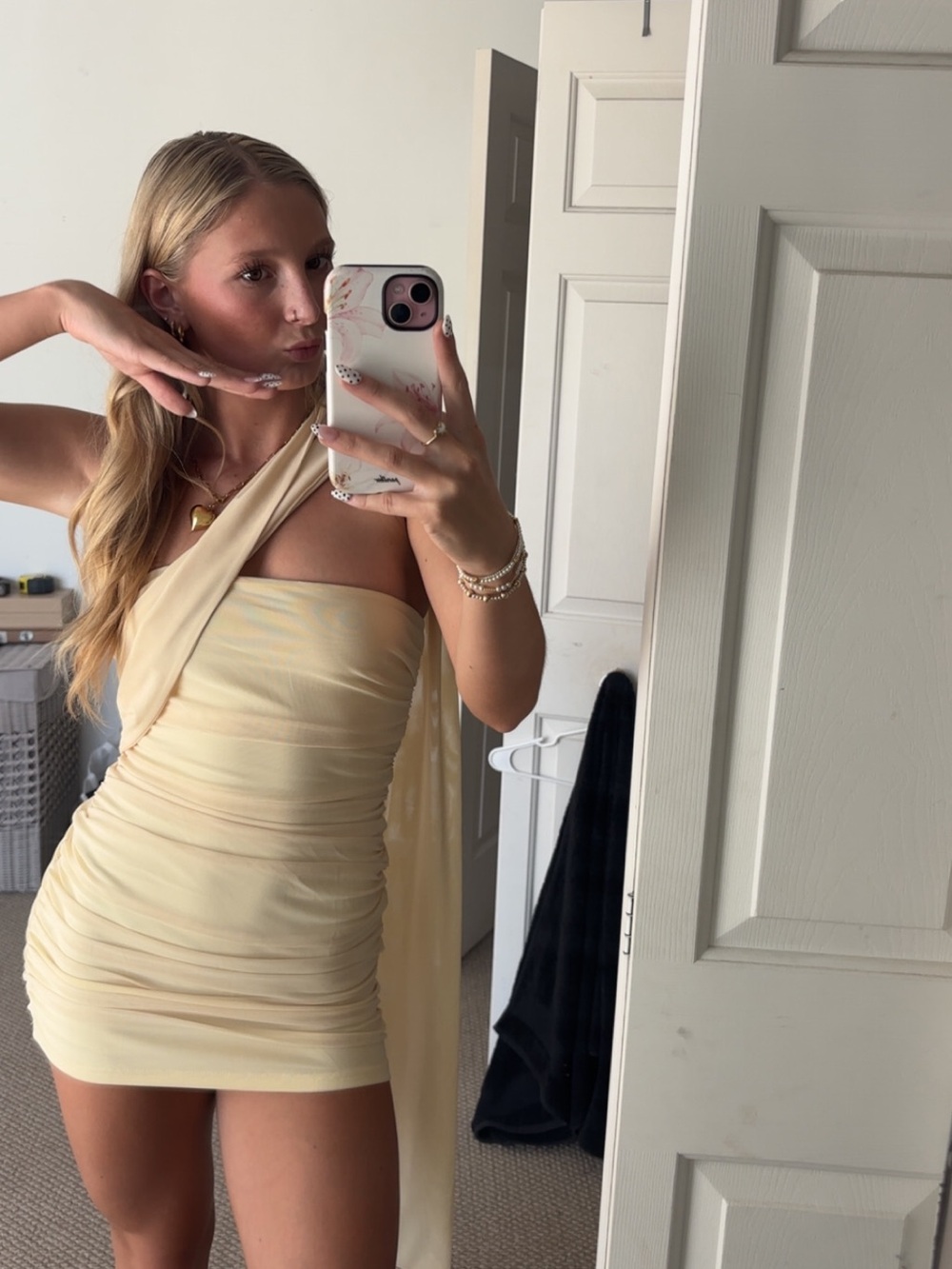 Peppermayo One-Shoulder Ruched Mini Dress in Cream